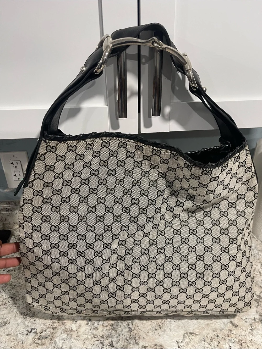 Gucci Beige & Black GG Canvas Hobo with Leather Handle